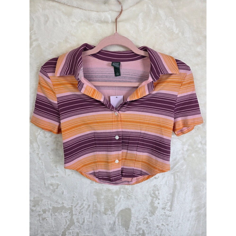 Wild Fable Striped Ribbed Knit Button‎ Front Crop Top Orange Purple Pink Small